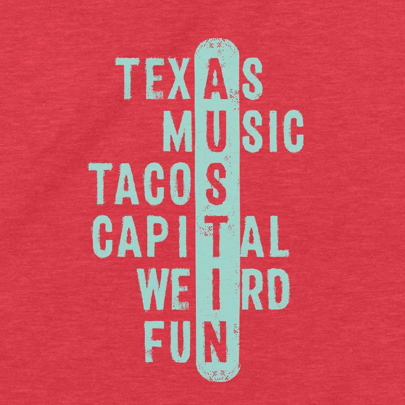 Close up of our Crossword ATX youth t-shirt with playful puzzle-style graphic – fun and clever Austin-themed tee for kids