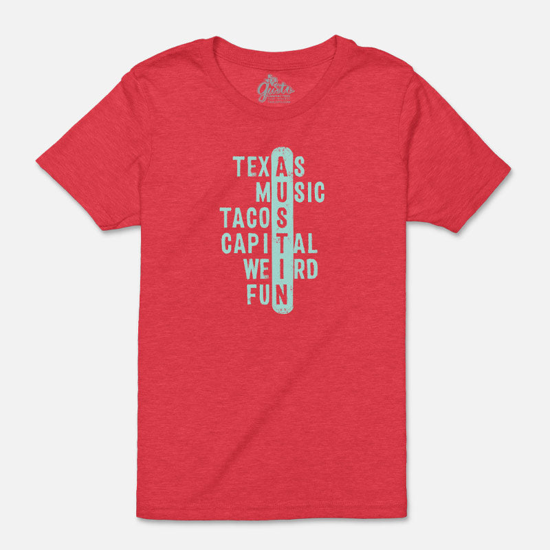 Crossword ATX youth t-shirt with playful puzzle-style graphic – fun and clever Austin-themed tee for kids