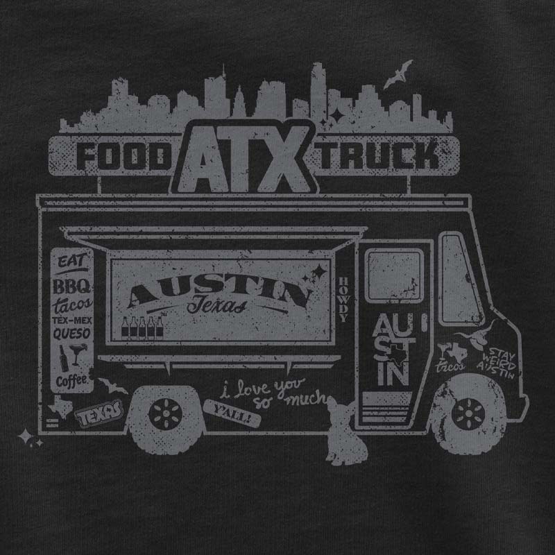 Close up of our ATX Food Truck toddler t-shirt with playful food truck graphic – fun Austin foodie shirt for kids