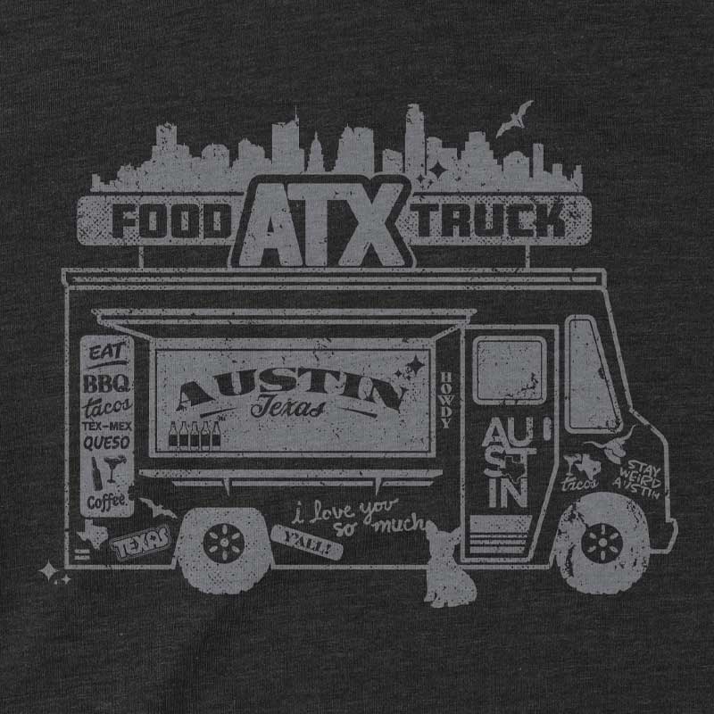 Close-up of colorful food truck illustration on soft cotton t-shirt