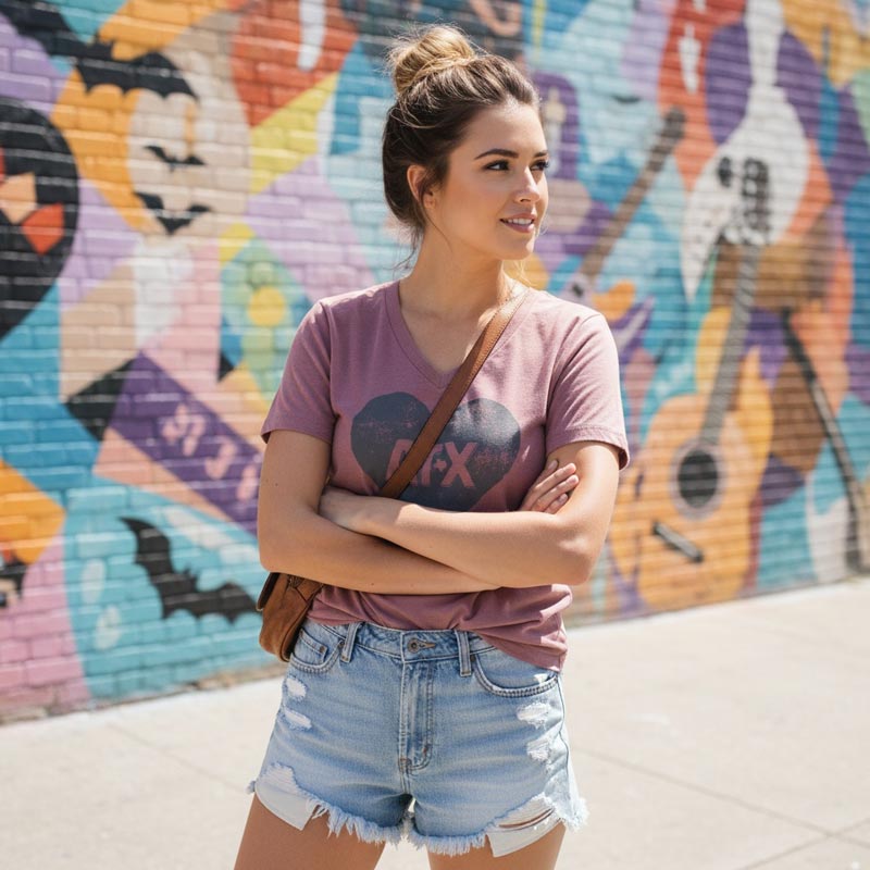 Woman standing in front of a colorful mural wearing a pink t-shirt and denim shorts.