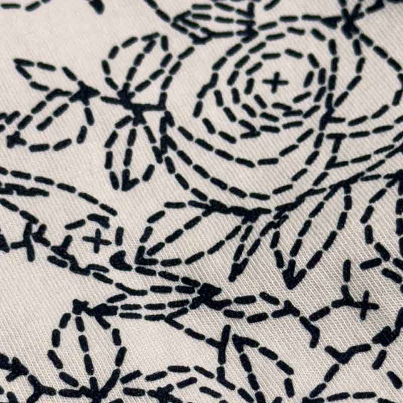 Close-up of black embroidered floral pattern on a beige fabric background