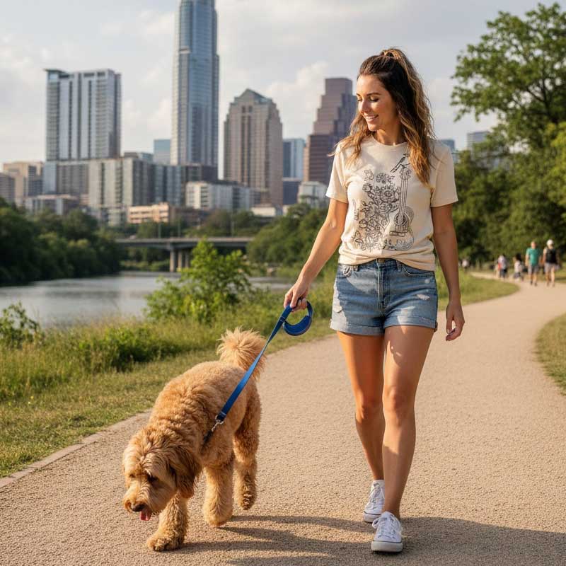 Woman walking a dog on a path with a city skyline in the background