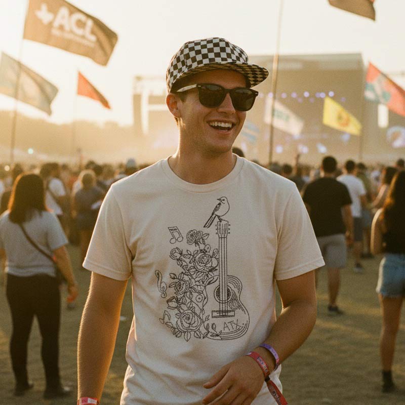 Person at a music festival wearing a t-shirt with a graphic design, sunglasses, and a checkered hat.