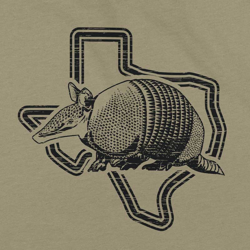 Close up of our Armadillo Texas youth t-shirt with bold armadillo graphic – fun Texas-themed tee for kids