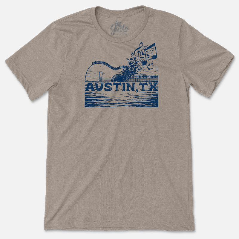 ATX Music Bridge T-shirt, Bats and Music Notes coming out of a guitar shaped bridge in Austin, Texas