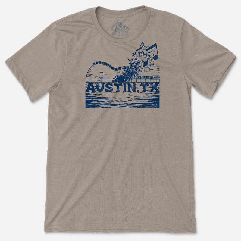 T-shirt featuring Austin bridge silhouette with musical notes and ATX design