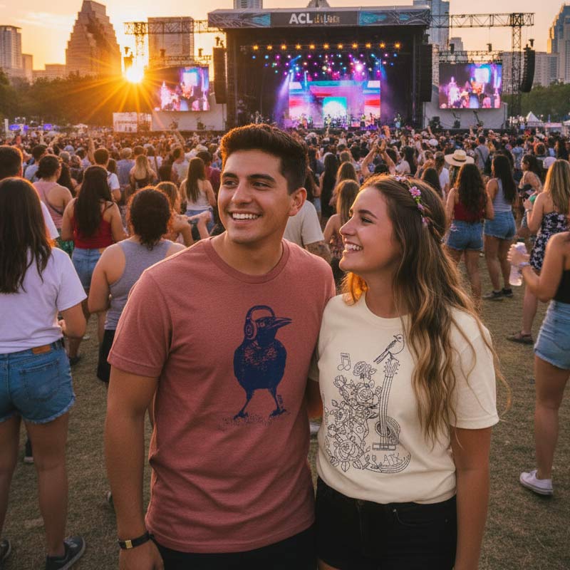 Two people standing together at a music festival with a stage and crowd in the background.
