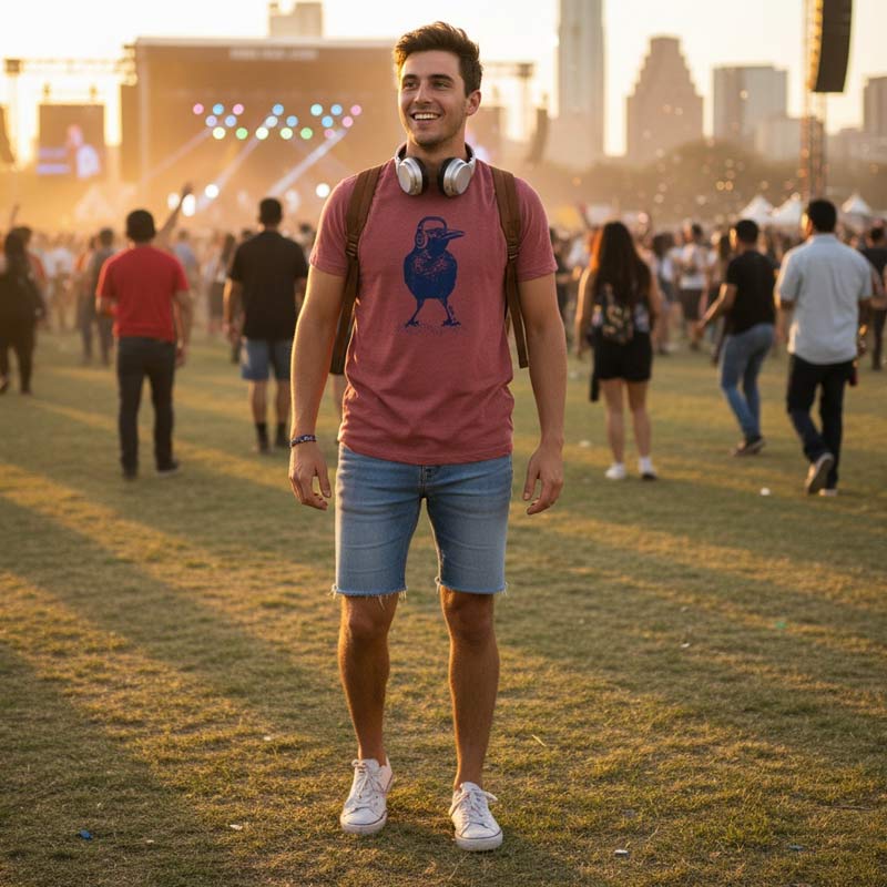 Man walking at a music festival with a city skyline in the background