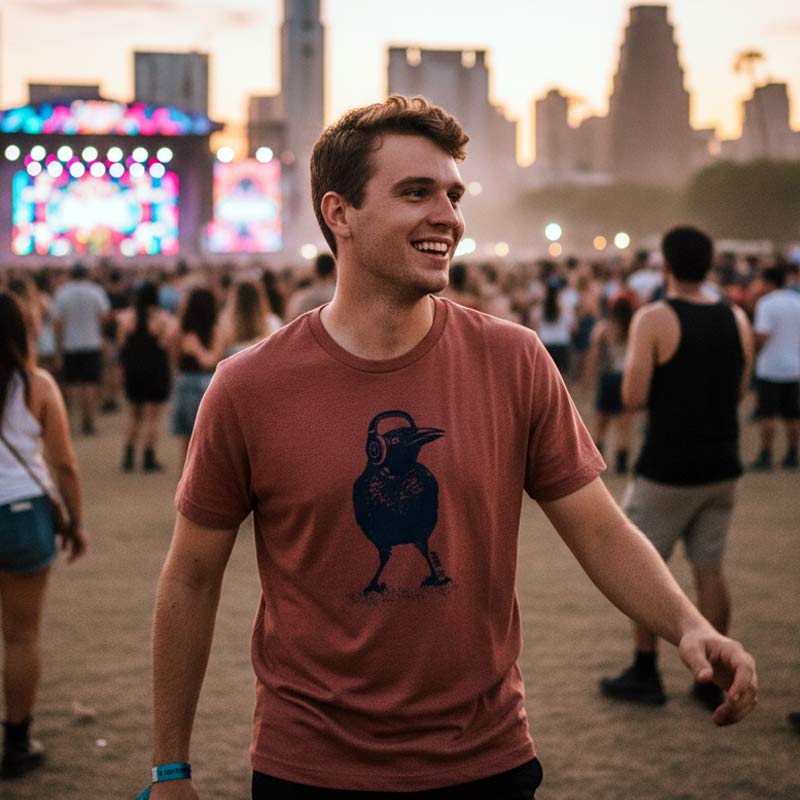 Man wearing a red t-shirt with a graphic design at a music festival with a city skyline in the background.