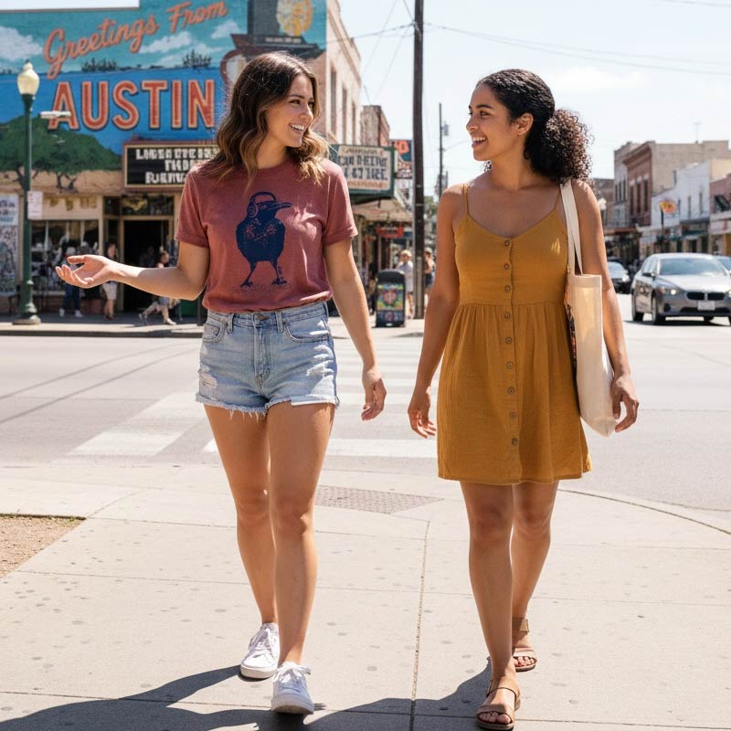 Two women walking on a sidewalk with a 'Greetings from Austin' sign in the background.