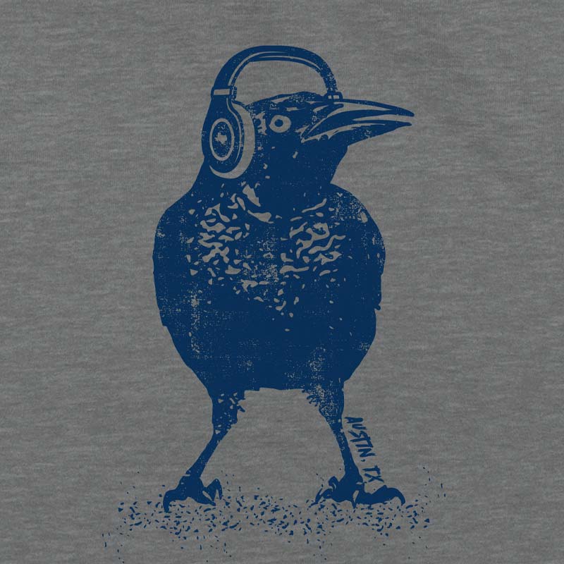 Beats Austin Grackle youth t-shirt with grackle wearing headphones – fun and funky Austin music tee for kids