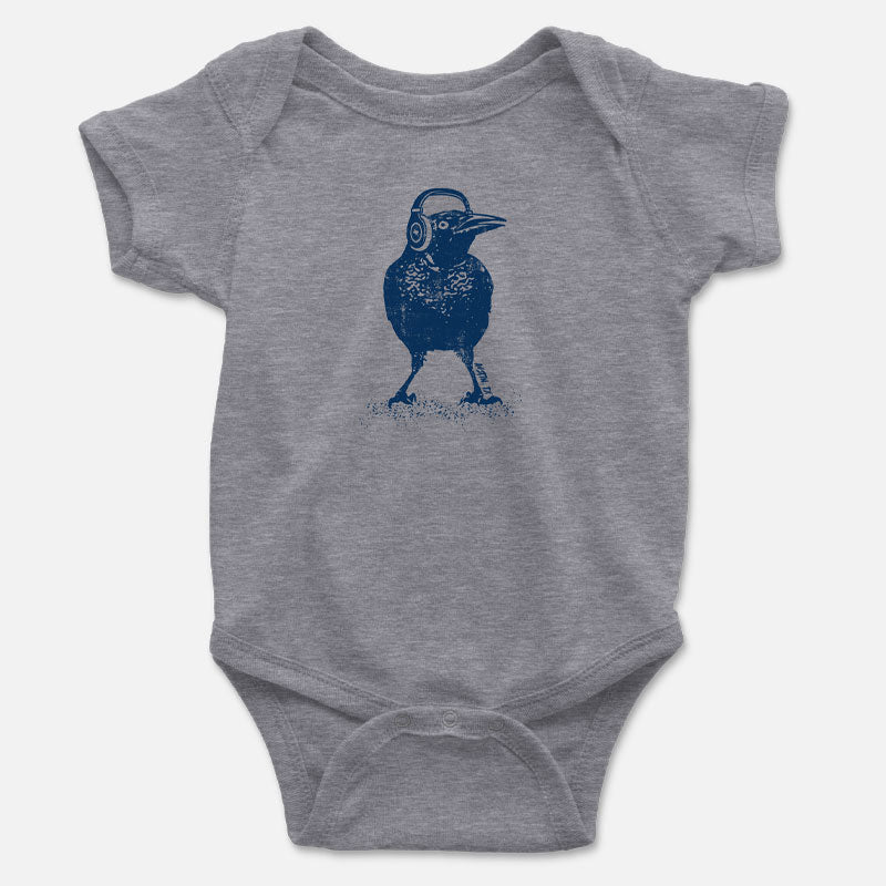 Beats Austin Baby Onesie, onesie with grackle bird wearing headphones, Austin baby Onesie, Austin, Texas baby