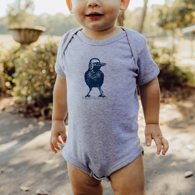 Beats Austin Baby Onesie, onesie with grackle bird wearing headphones, Austin baby Onesie, Austin, Texas baby