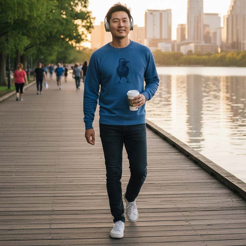 Man walking on a wooden boardwalk by a lake with a cityscape in the background