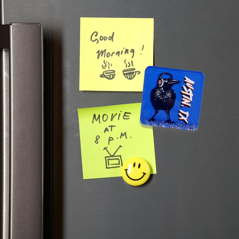 Acrylic magnet featuring a cartoon grackle wearing headphones, inspired by Austin, Texas culture.