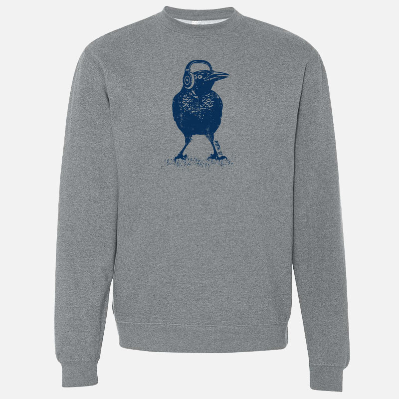Grey crewneck sweatshirt featuring a bold graphic of a grackle bird wearing headphones, with the words 'Austin TX' in a fun, modern font. A playful nod to Austin's music scene and iconic city bird.