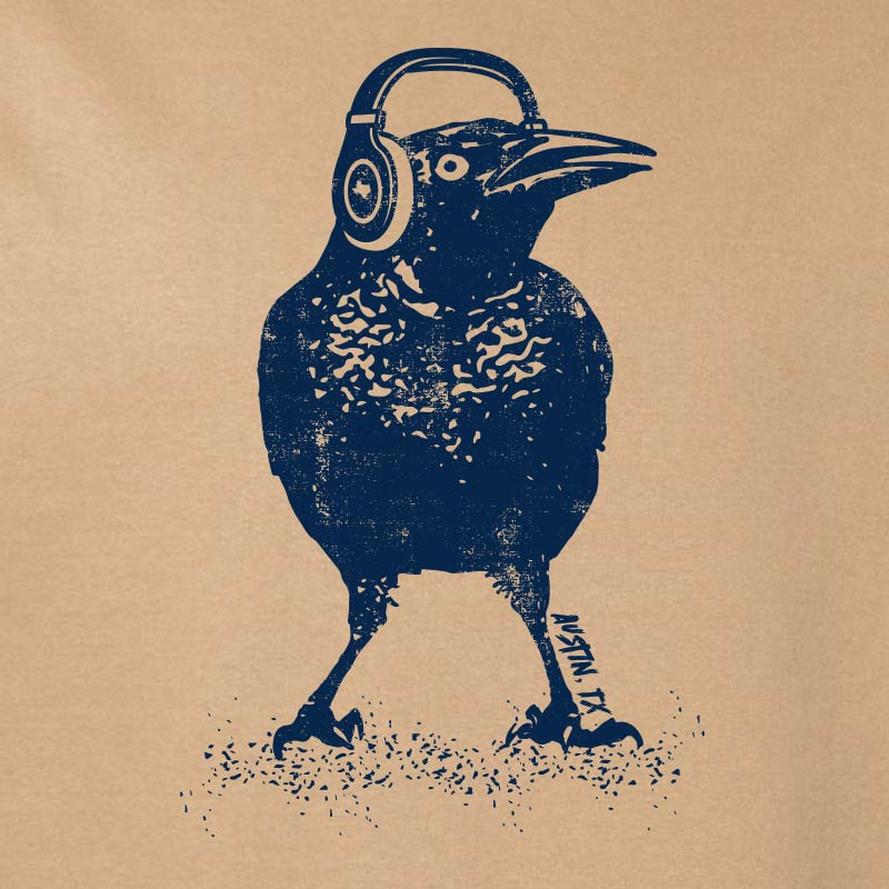 Crewneck sweatshirt featuring a bold graphic of a grackle bird wearing headphones, with the words 'Austin TX' in a fun, modern font. A playful nod to Austin's music scene and iconic city bird.