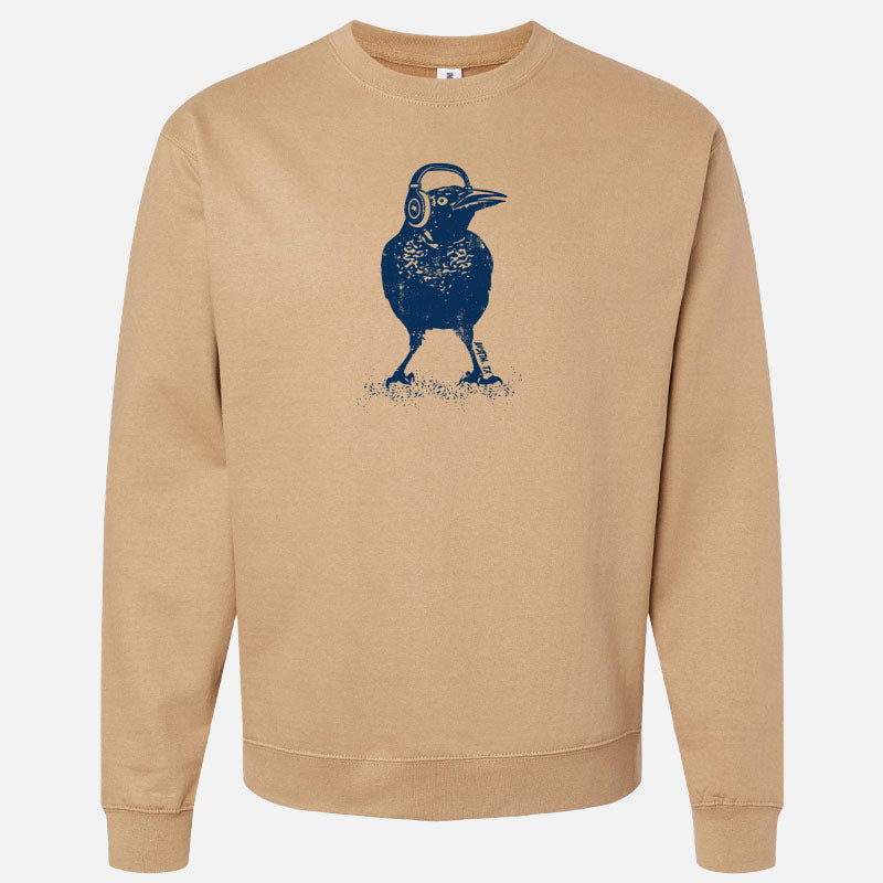 Crewneck sweatshirt featuring a bold graphic of a grackle bird wearing headphones, with the words 'Austin TX' in a fun, modern font. A playful nod to Austin's music scene and iconic city bird.