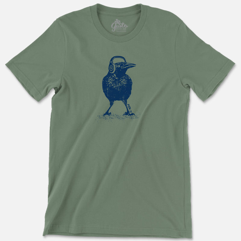 T-shirt featuring cartoon grackle wearing headphones with bold Austin design