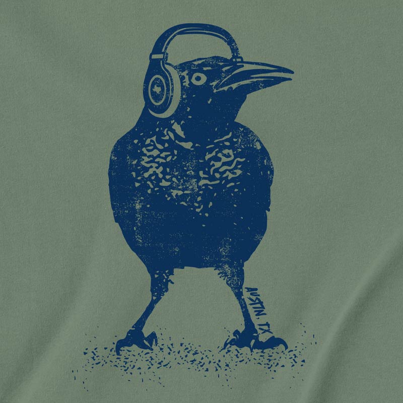 Close-up of grackle in headphones graphic printed on soft cotton fabric