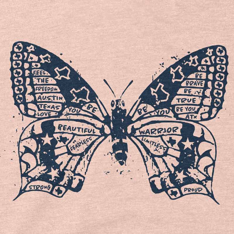 Close-up of butterfly and ATX graphic printed on soft cotton fabric