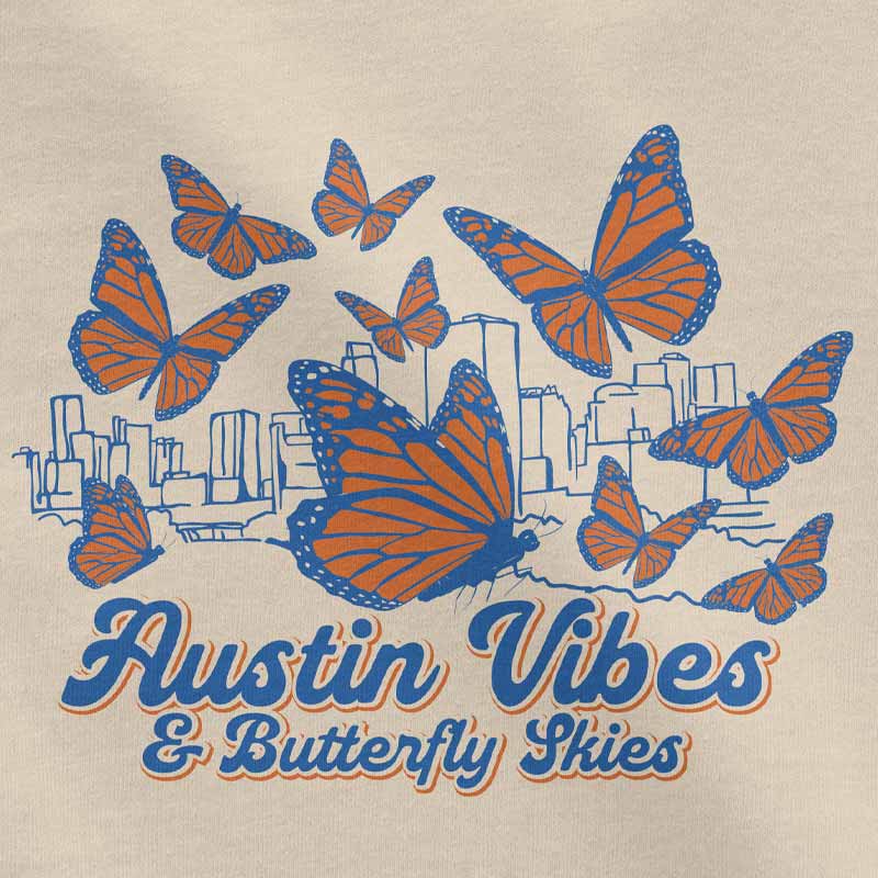 Design with orange and blue butterflies and 'Austin Vibes & Butterfly Skies' text on a beige background.