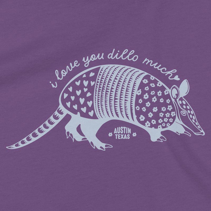 Close-up of the “I love you dillo much” design with a sweet armadillo, hearts, and flowers in pink and red tones.