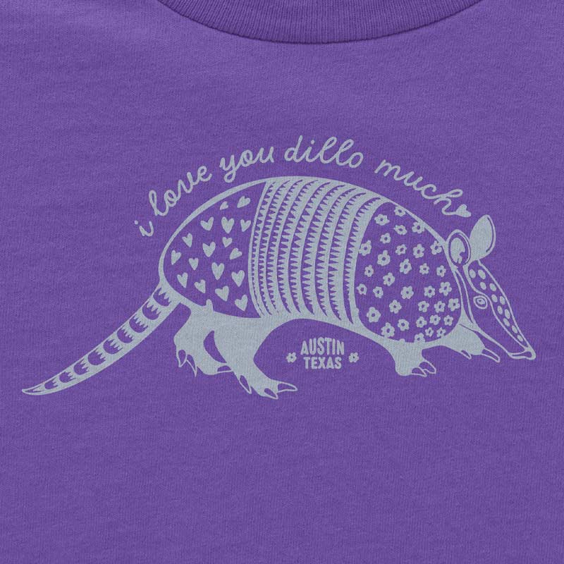 Purple t-shirt with an armadillo graphic and text 'I love you dillo much' on a purple background
