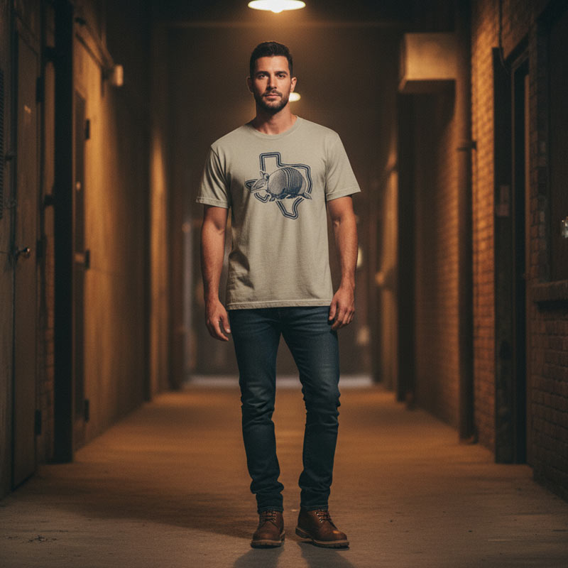 Man wearing a graphic t-shirt standing in a dimly lit hallway.
