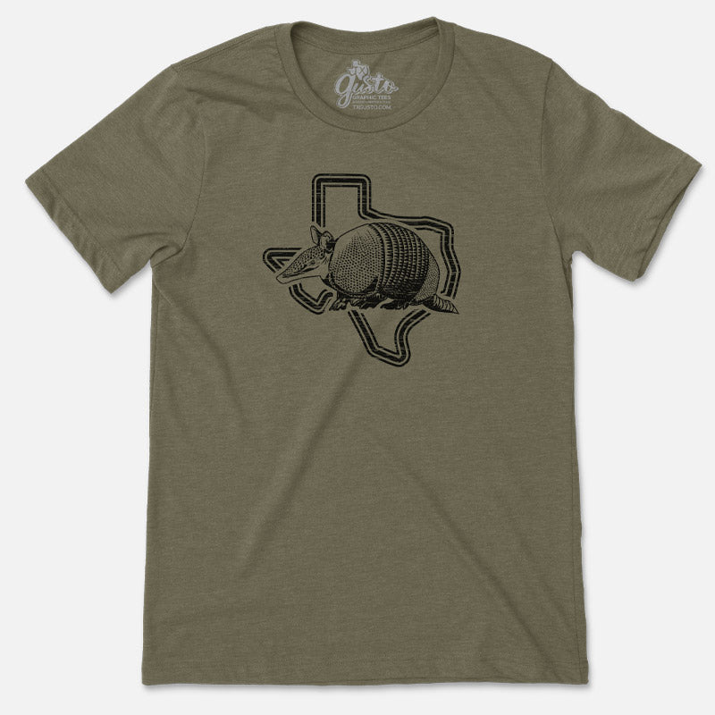 Armadillo Texas graphic – illustrated armadillo with bold Texas lettering on t-shirt