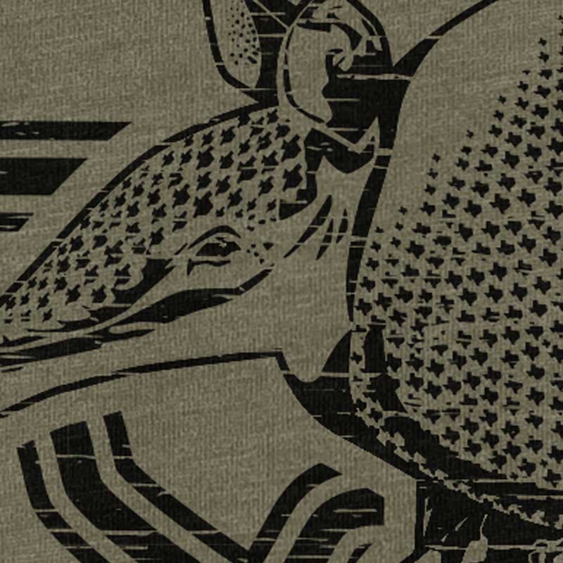 close-up of Armadillo Texas graphic – illustrated armadillo with bold Texas lettering on t-shirt