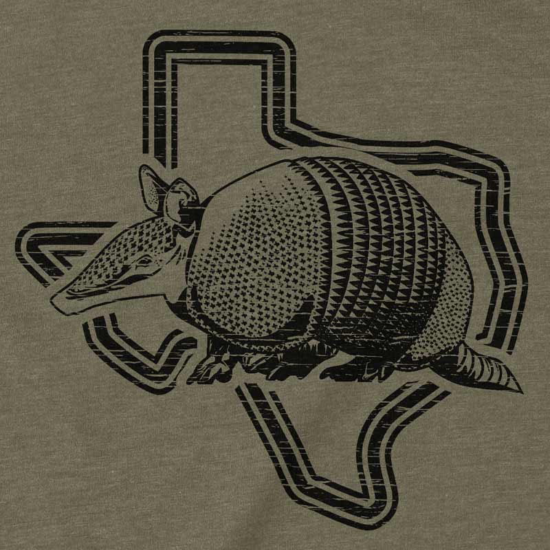 Close-up of Armadillo Texas graphic – illustrated armadillo with bold Texas lettering on t-shirt