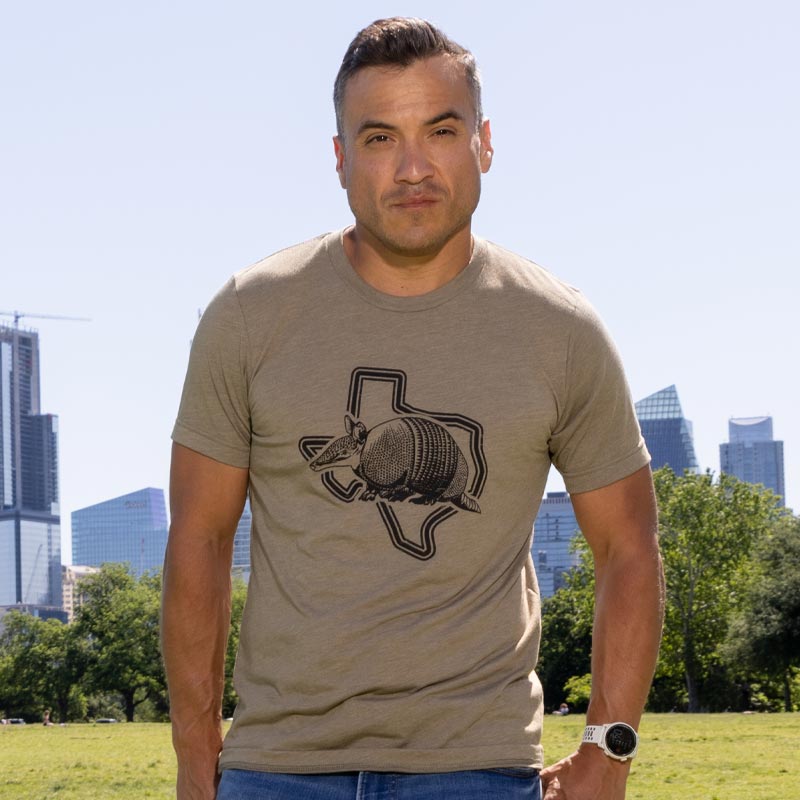 Model wearing Armadillo Texas t-shirt – soft cotton tee with fun graphic of Texas armadillo design