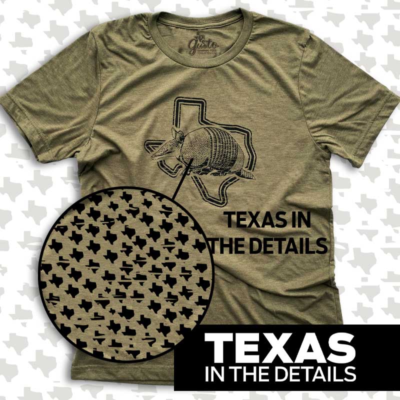 close-up of Armadillo Texas graphic – illustrated armadillo with bold Texas lettering on t-shirt