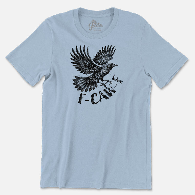 Up close version of light blue t-shirt with black bird graphic and text that reads F-CAW-F