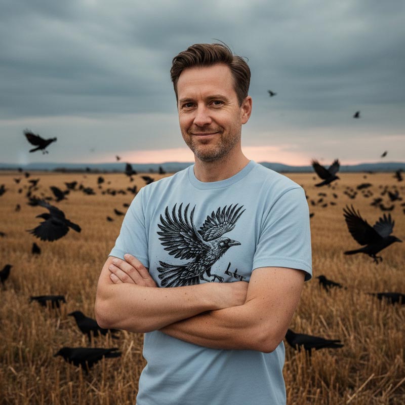 Man standing in a field with birds, wearing a light blue t-shirt with black bird graphic and text that reads F-CAW-F