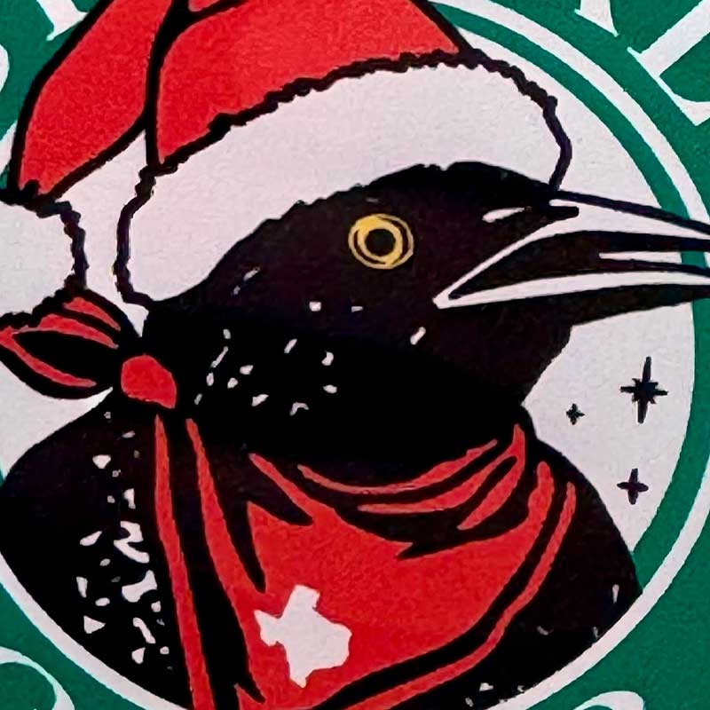 Illustration of a bird wearing a Santa hat and scarf on a green background