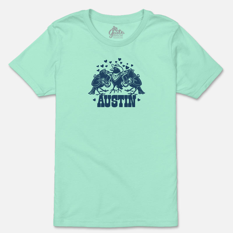 Mint green t-shirt with 'Austin' graphic design on a white background