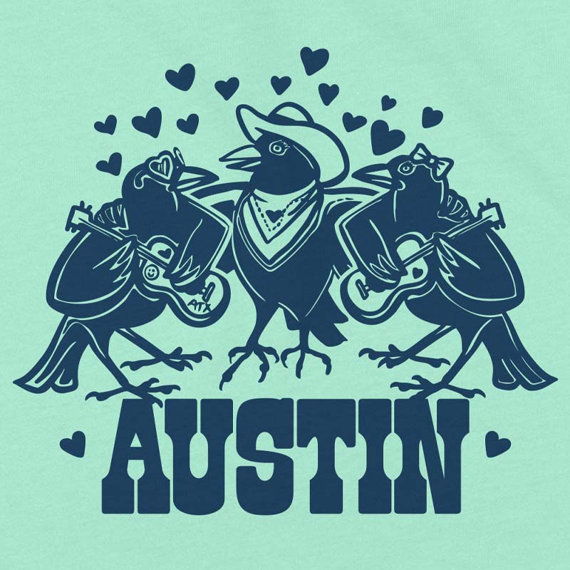 Illustration of three birds with cowboy hats and bandanas, surrounded by hearts, on a teal background with 'AUSTIN' text.