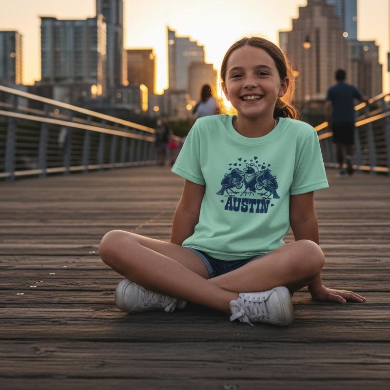 Child sitting on a wooden dock wearing a light green t-shirt with 'Austin' printed on it, city skyline in the background.