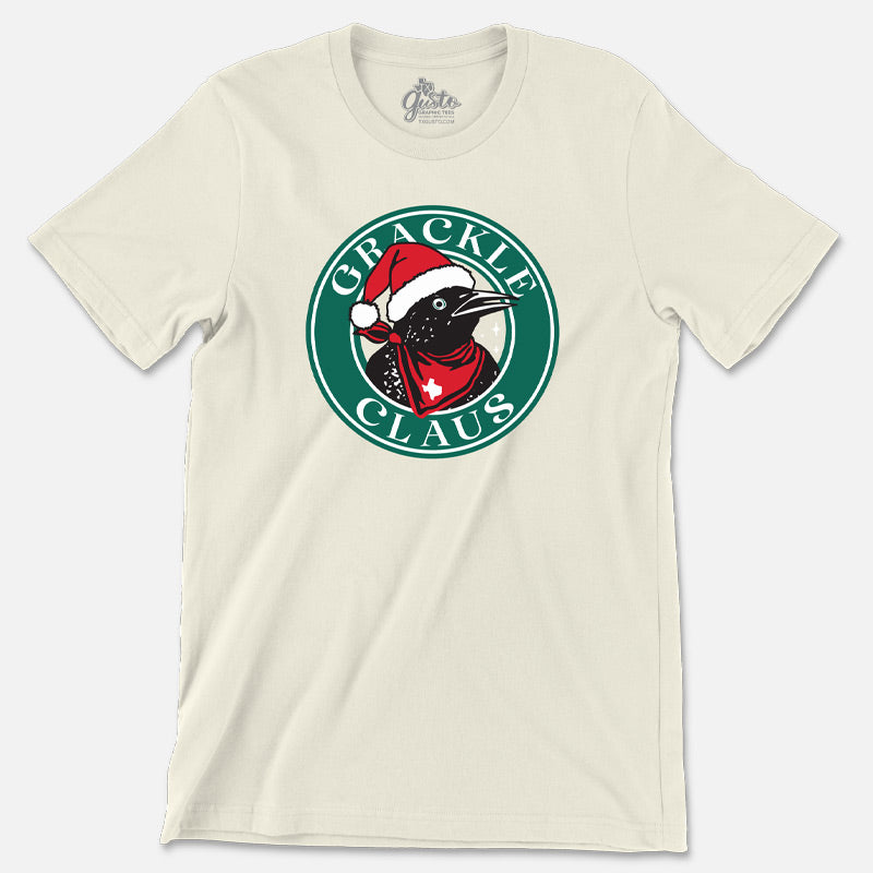 ivory t-shirt with a 'Grackle Claus' graphic on a white background