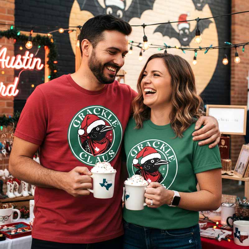 Man and woman wearing matching 'Grackle Claus' shirts, holding hot cocoa mugs in a festive setting.