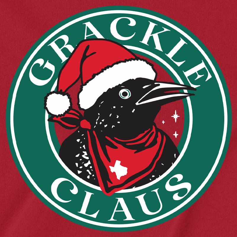 Grackle wearing  a Santa hat and the text 'Grackle Claus' on a red background.