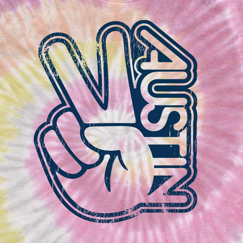Tie-dye shirt with a navy blue peace sign and 'Austin' text on a pink and yellow background