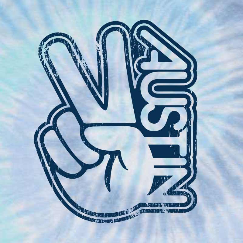 Peace sign with 'Austin' on a tie-dye background