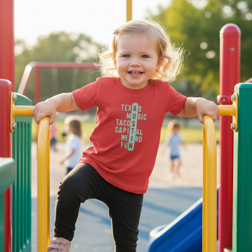 Child wearing a red t-shirt with text on a playground