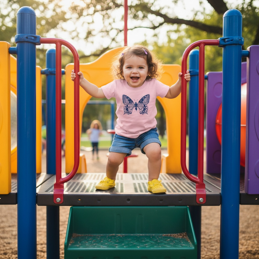Child playing on a colorful playground structure with a butterfly shirt