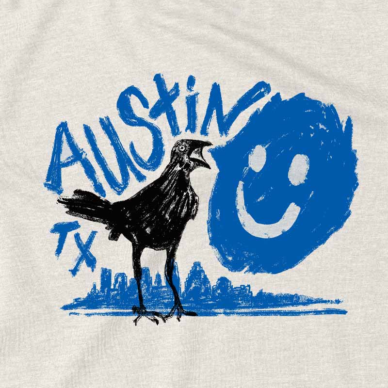 Close-up of grackle bird graphic with ATX text – cheerful and quirky design inspired by Austin