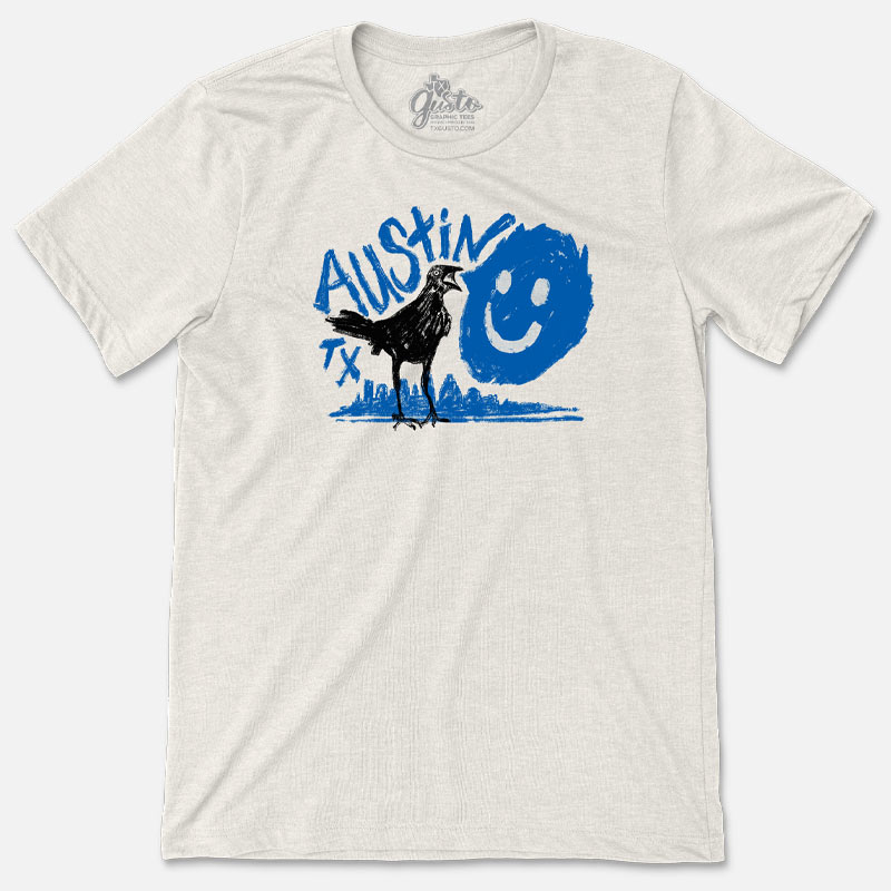Happy Grackle ATX t-shirt with bold graphic of grackle mid-strut – fun Austin-themed design